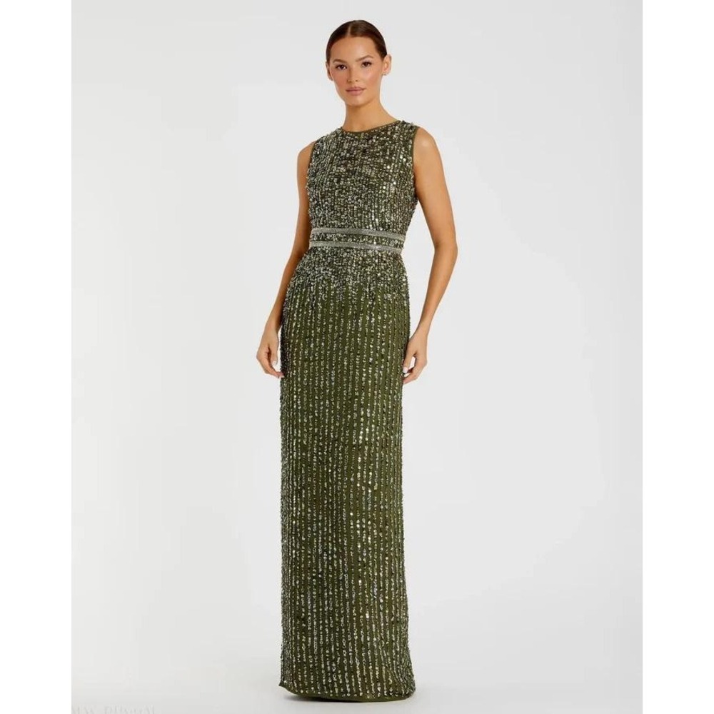 Mac Duggal Olive Green Sequined Column Gown High Neck Sleeveless Formal Dress 2